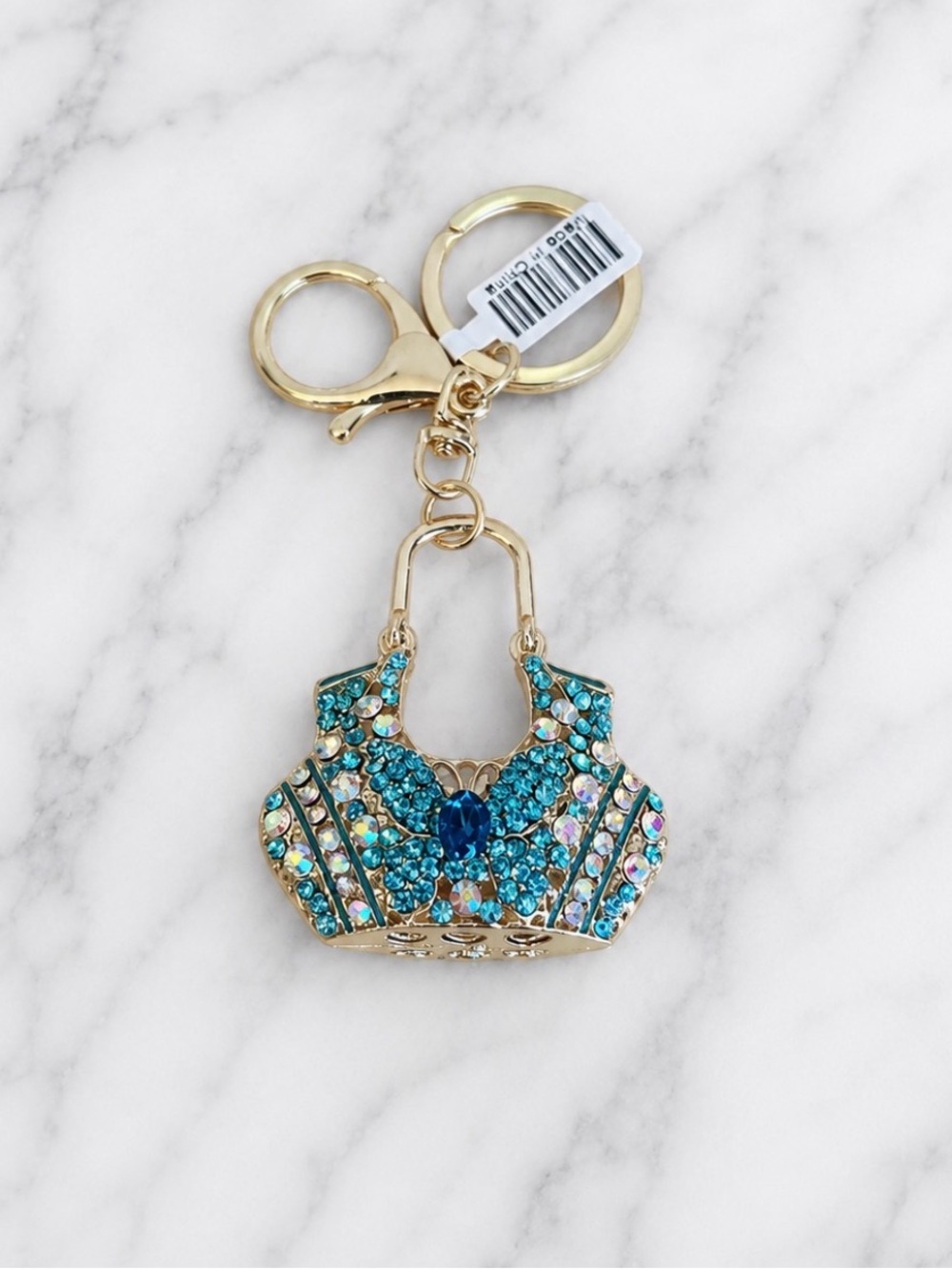 Teal Rhinestone Handbag Bag Charm/Keyring on Gold Hardware